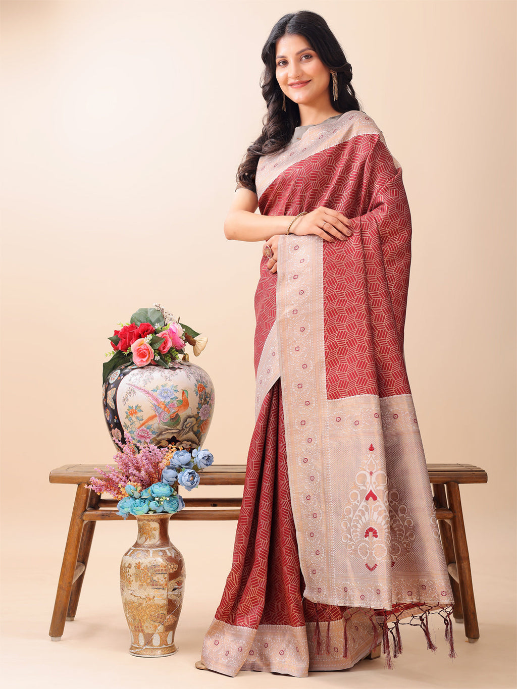 Maroon & Beige Lichi Silk Saree with Elegant Woven Pallu