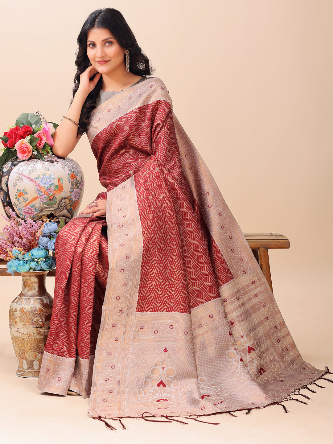 Maroon & Beige Lichi Silk Saree with Elegant Woven Pallu