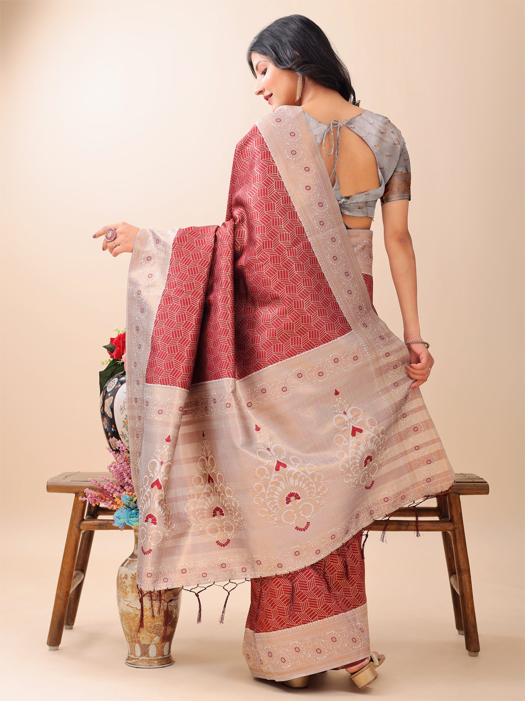 Maroon & Beige Lichi Silk Saree with Elegant Woven Pallu