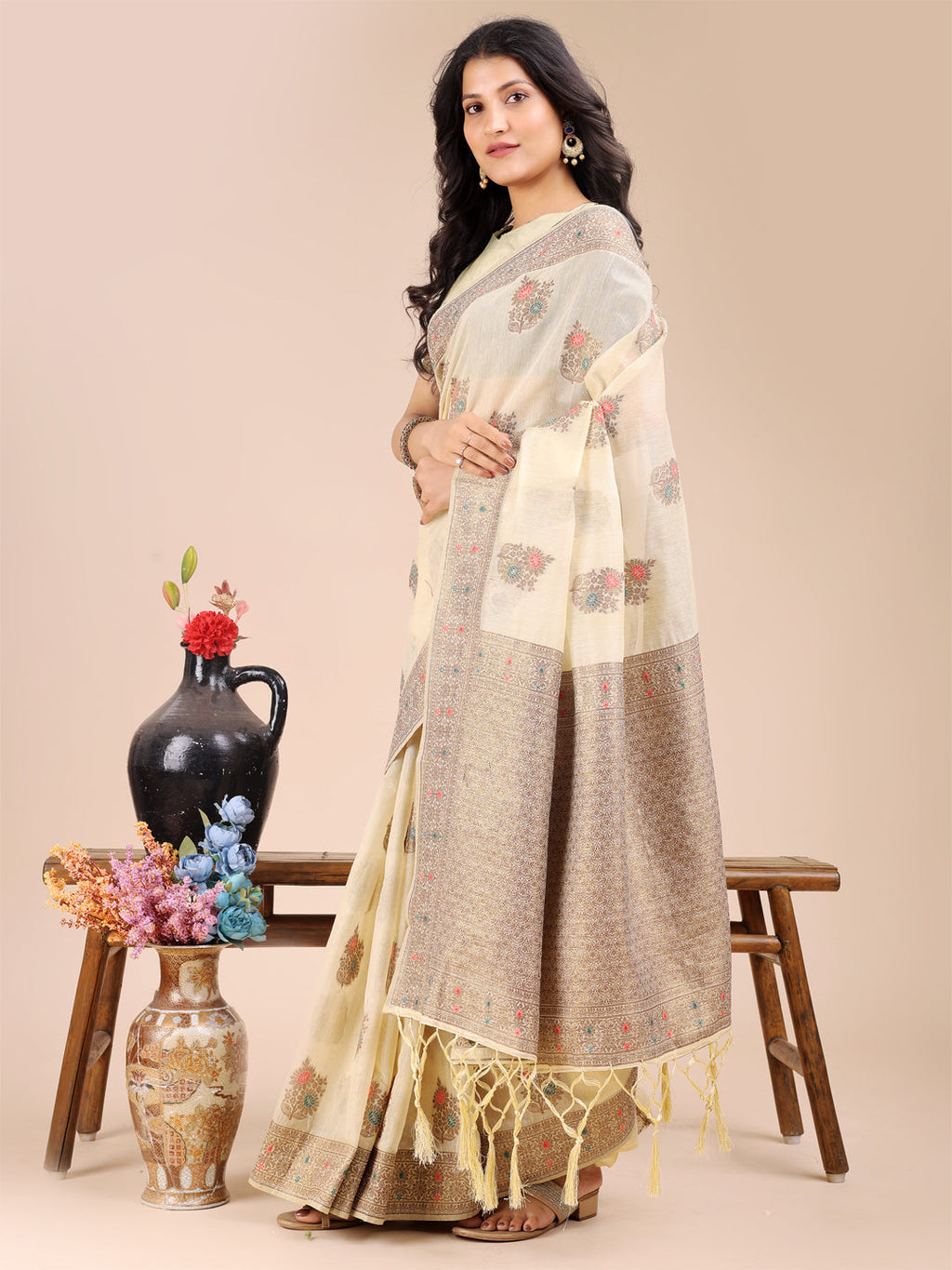 Cream Cotton Saree with Traditional Woven Zari Work