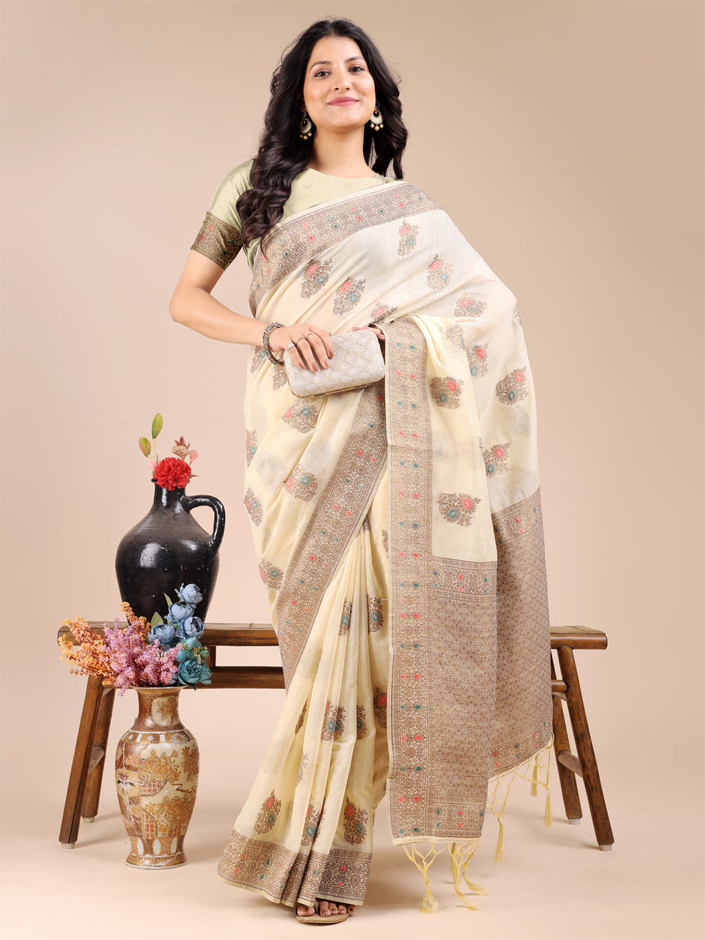 Cream Cotton Saree with Traditional Woven Zari Work