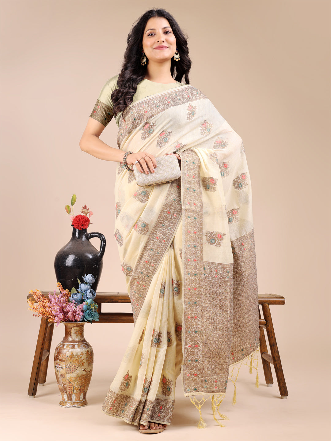 Cream Cotton Saree with Traditional Woven Zari Work