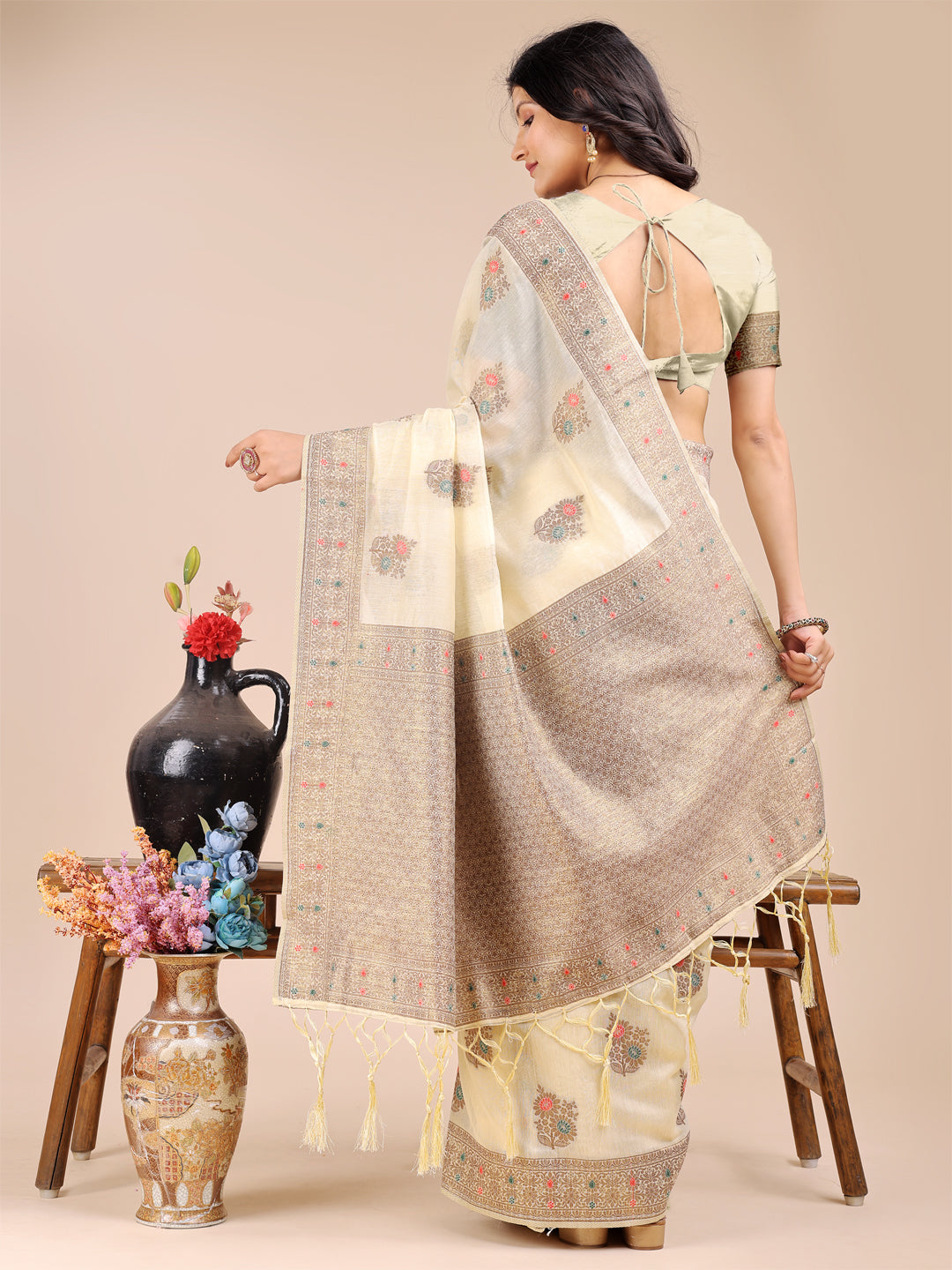 Cream Cotton Saree with Traditional Woven Zari Work