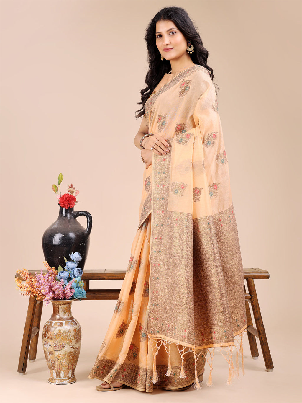 Peach Cotton Saree with Woven Zari Work and Tassels