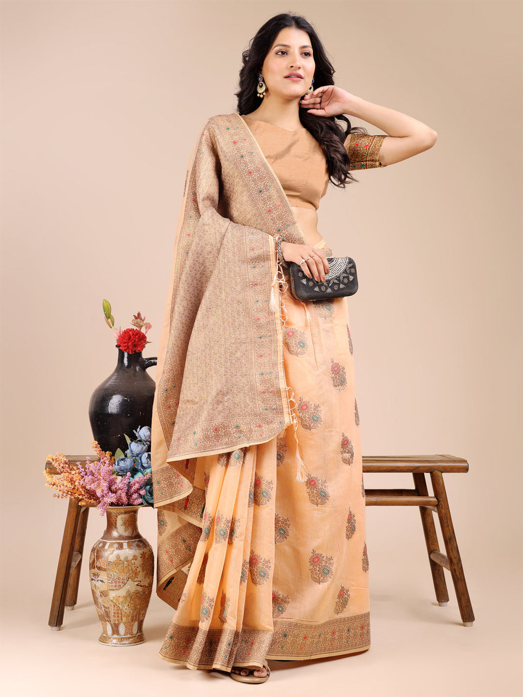 Peach Cotton Saree with Woven Zari Work and Tassels