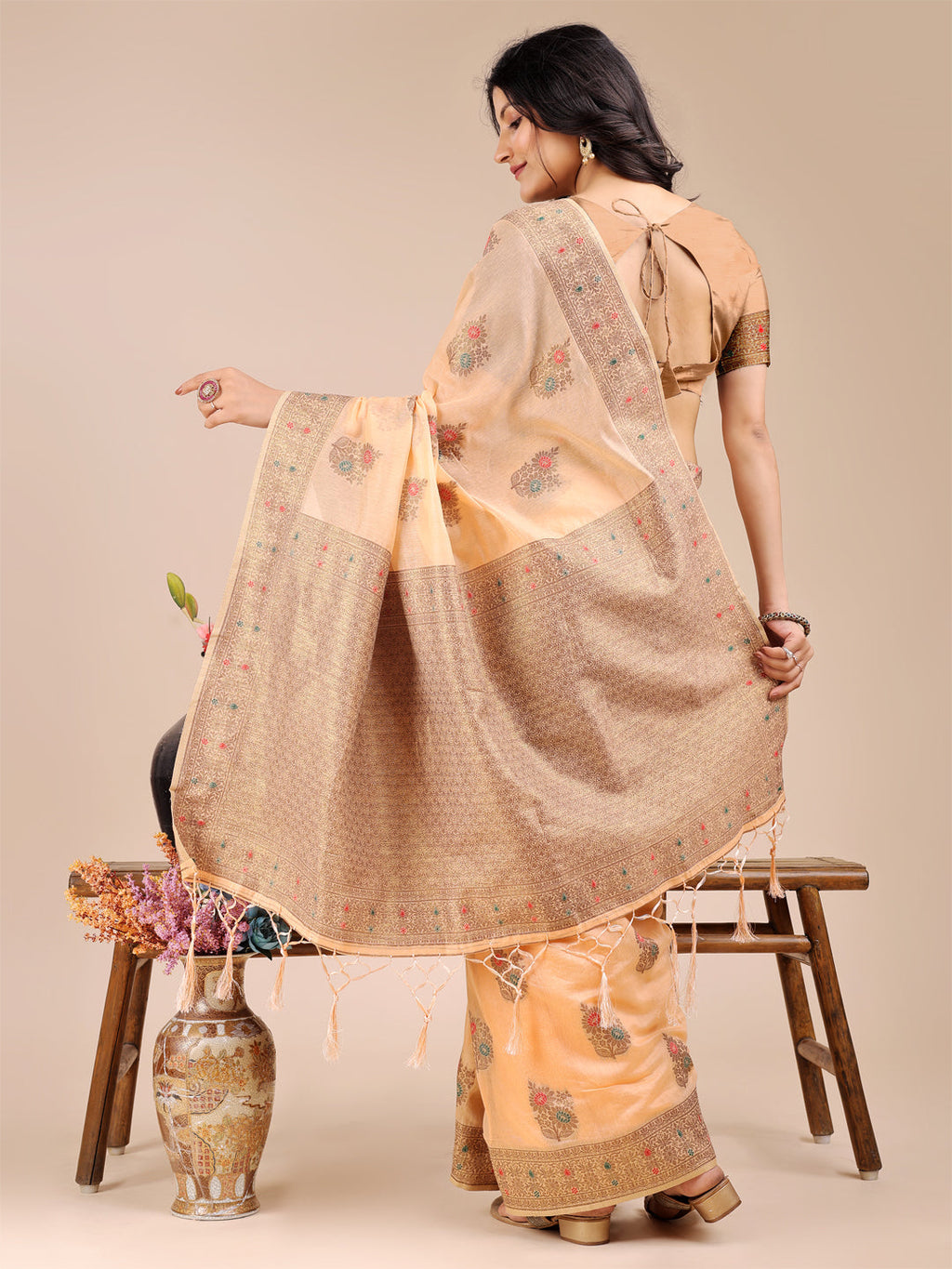 Peach Cotton Saree with Woven Zari Work and Tassels