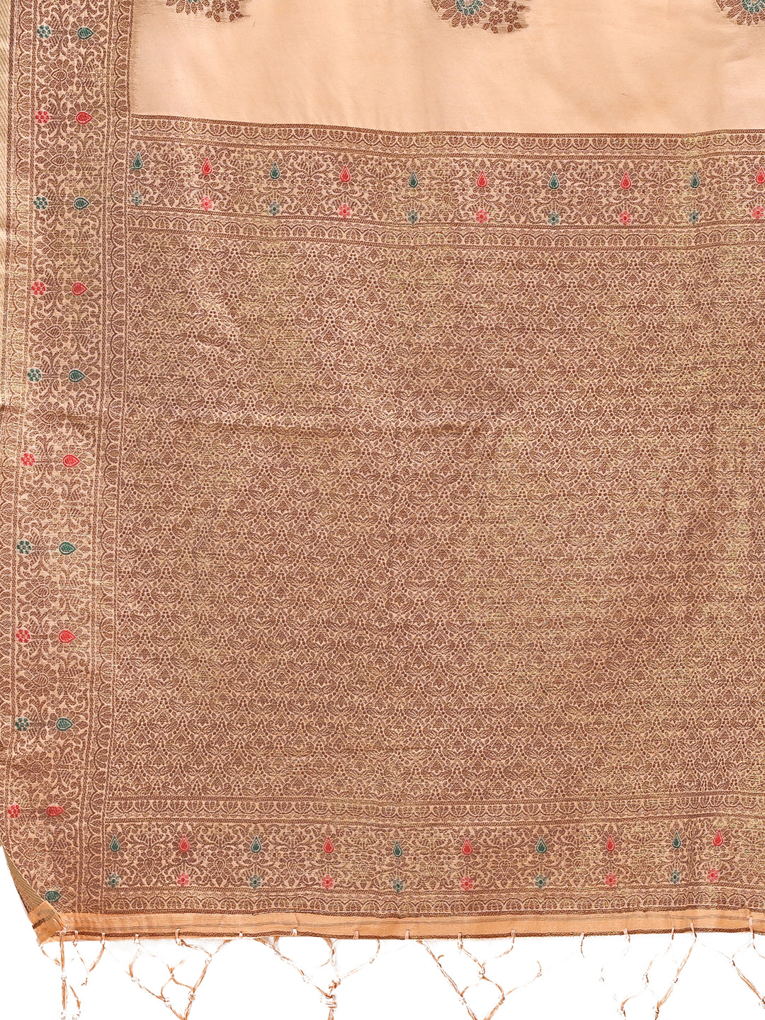 Peach Cotton Saree with Woven Zari Work and Tassels