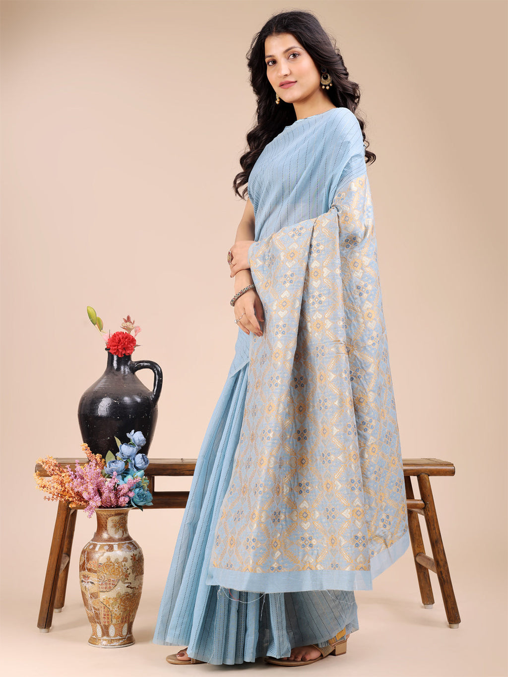 Sky Blue Cotton Woven Zari Saree with Traditional Tassels