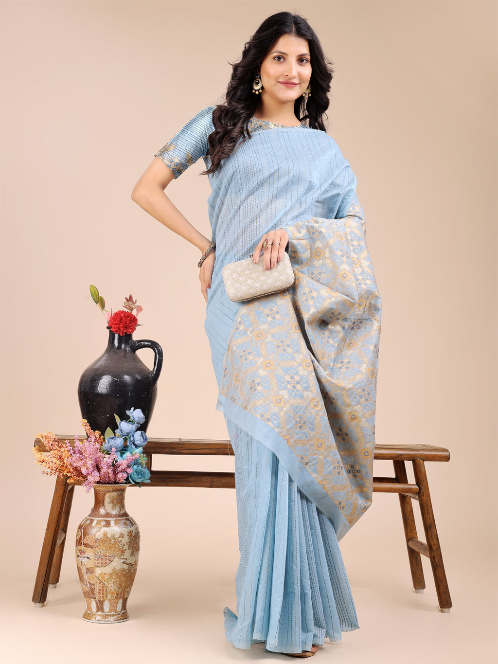 Sky Blue Cotton Woven Zari Saree with Traditional Tassels