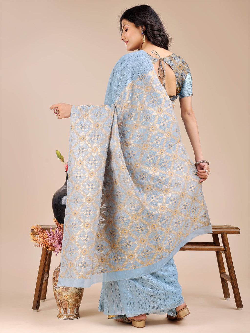Sky Blue Cotton Woven Zari Saree with Traditional Tassels