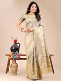 Elegant cream cotton saree with detailed woven zari border and tassels