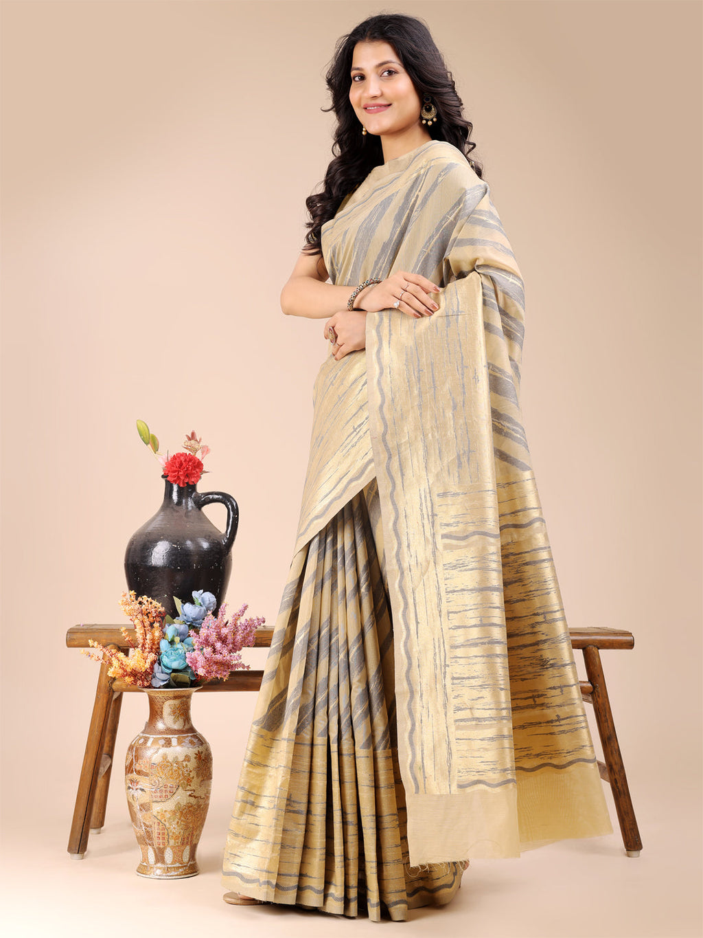 Cream Cotton Saree with Traditional Woven Zari Work