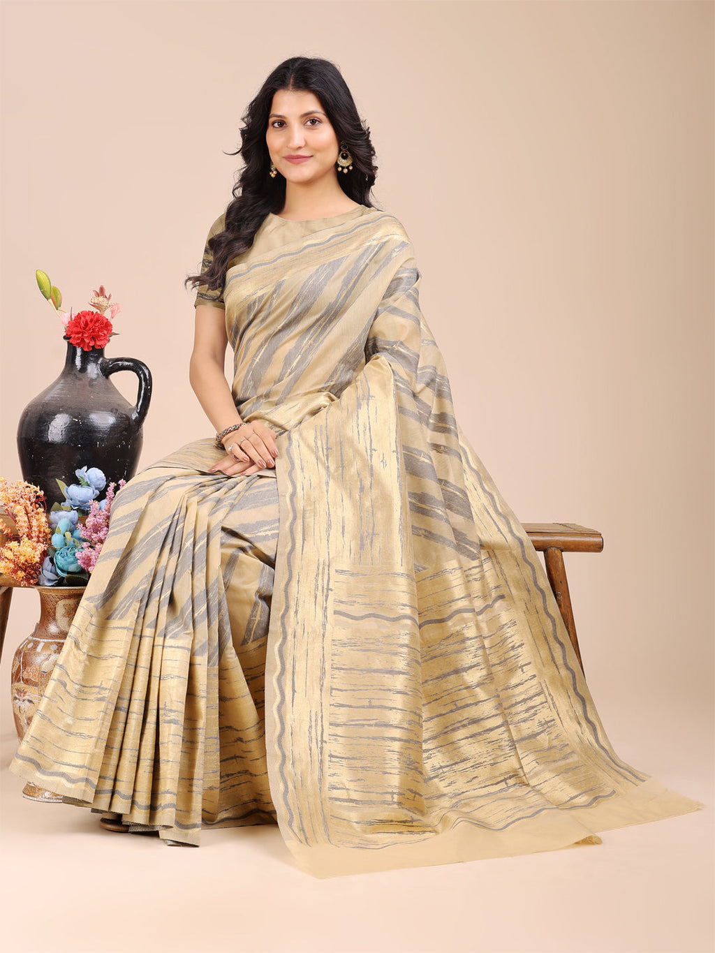 Cream Cotton Saree with Traditional Woven Zari Work