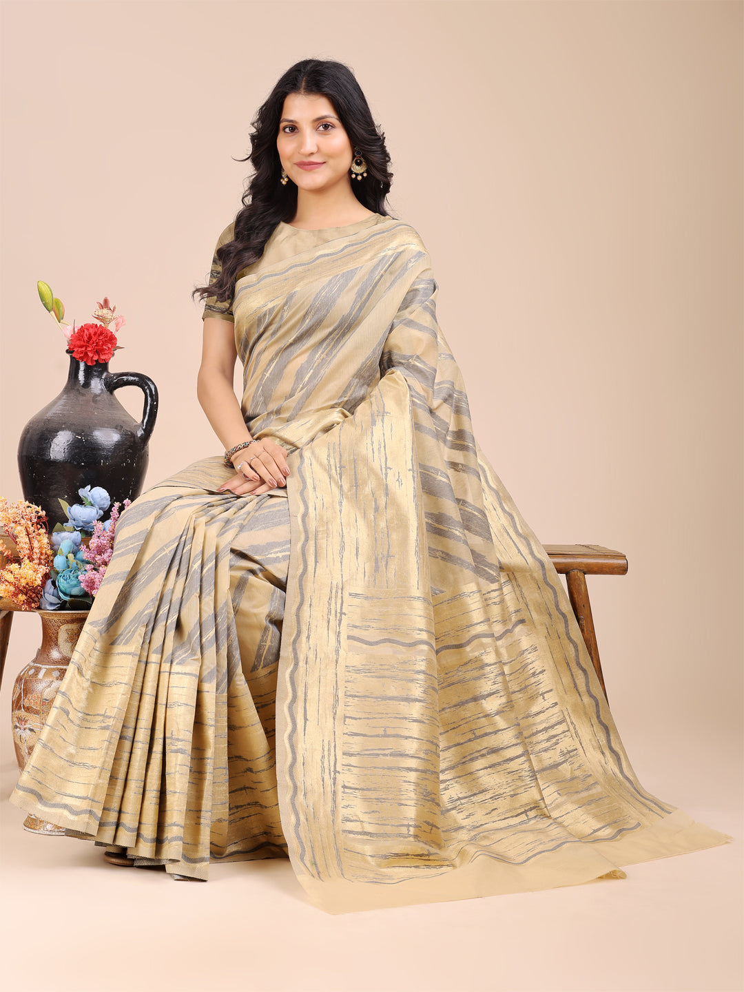 Cream Cotton Saree with Traditional Woven Zari Work