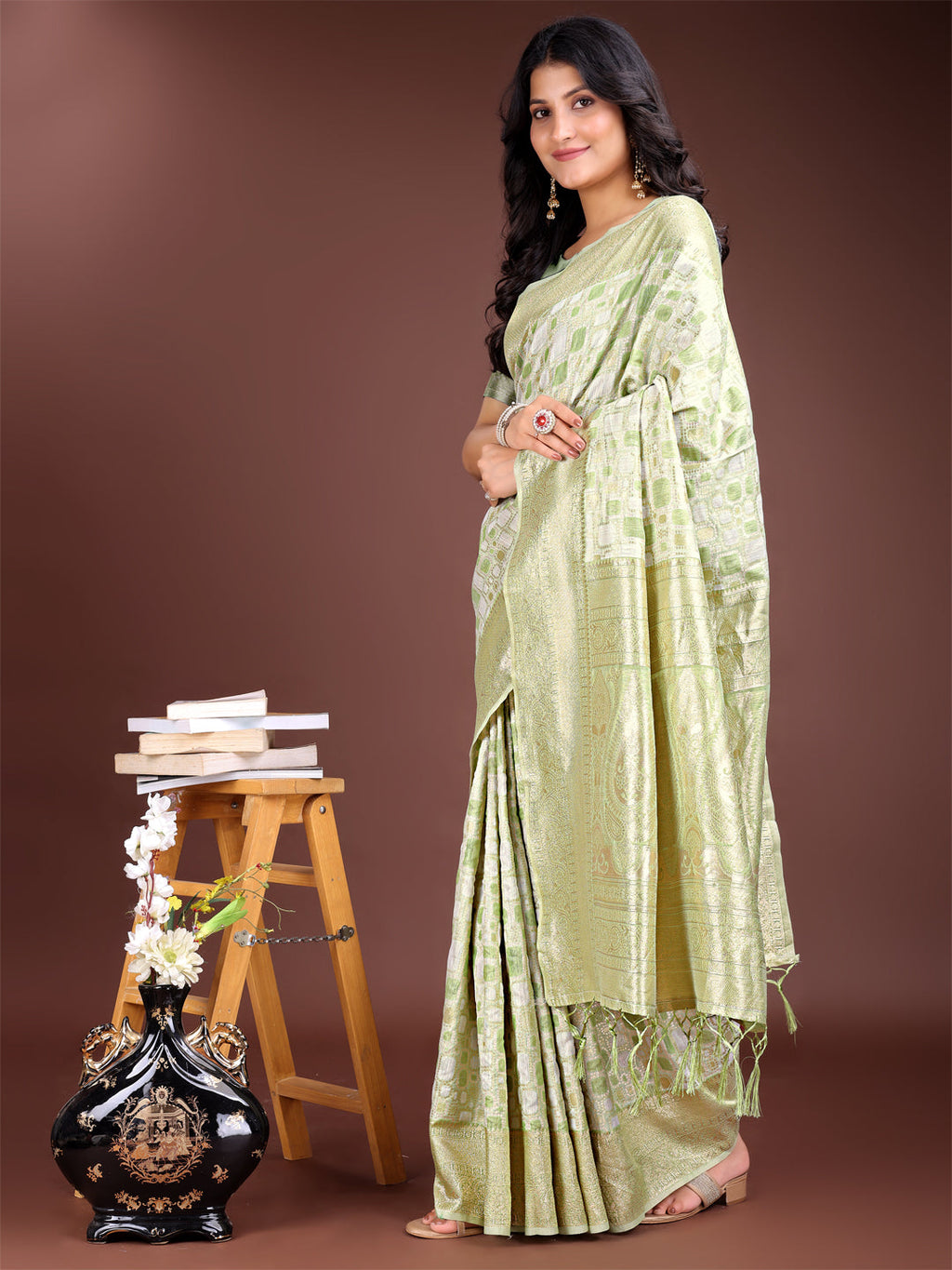 Light Green Linen Cotton Saree with Subtle Shimmer and Patterns