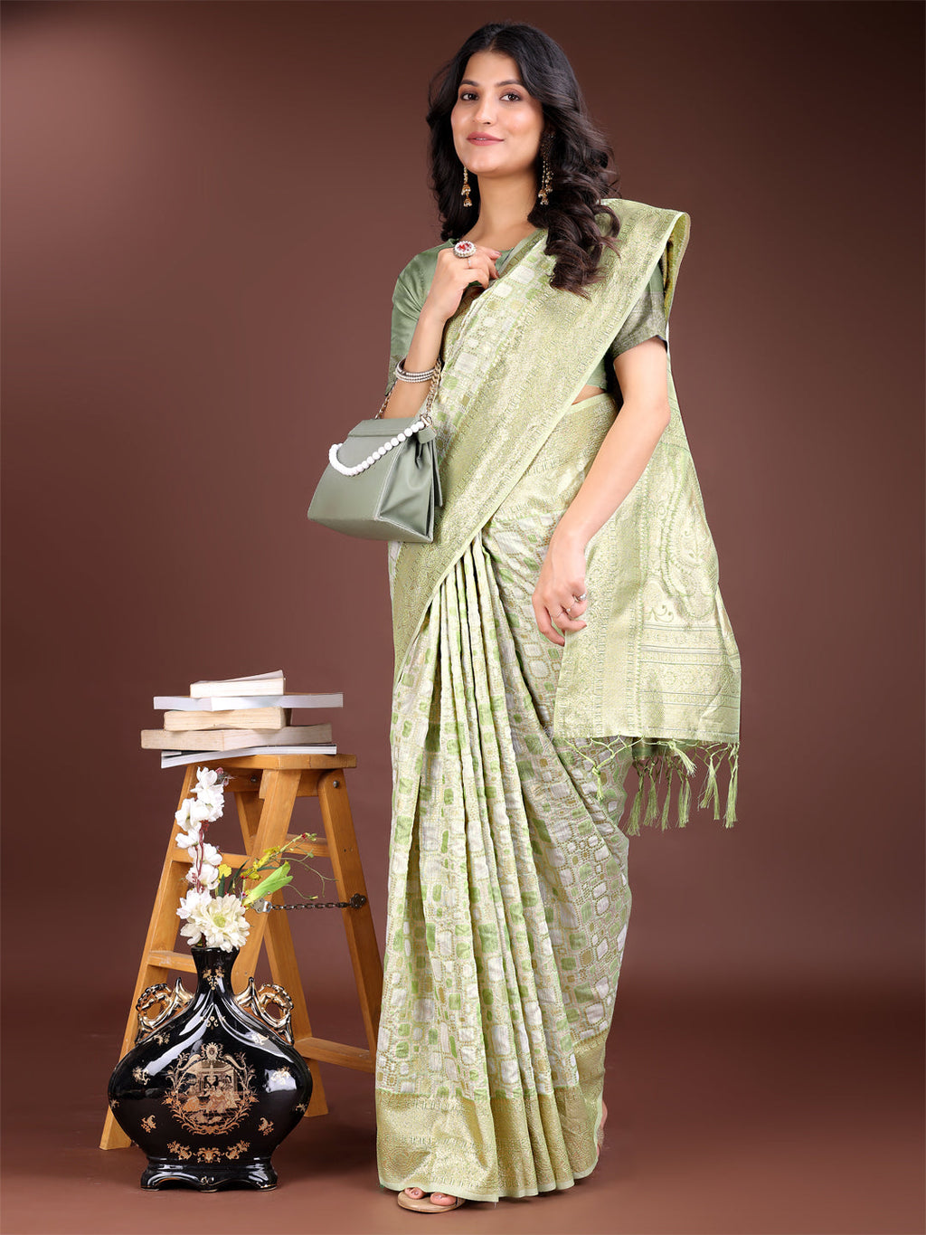 Light Green Linen Cotton Saree with Subtle Shimmer and Patterns