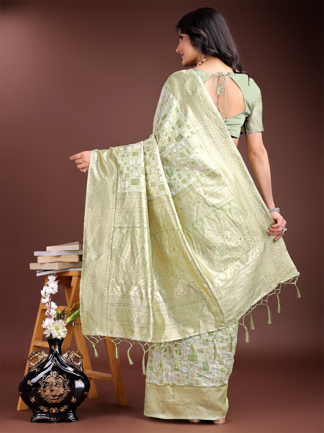 Light Green Linen Cotton Saree with Subtle Shimmer and Patterns