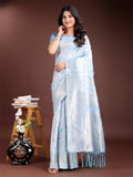 Sky Blue linen cotton saree with delicate woven patterns