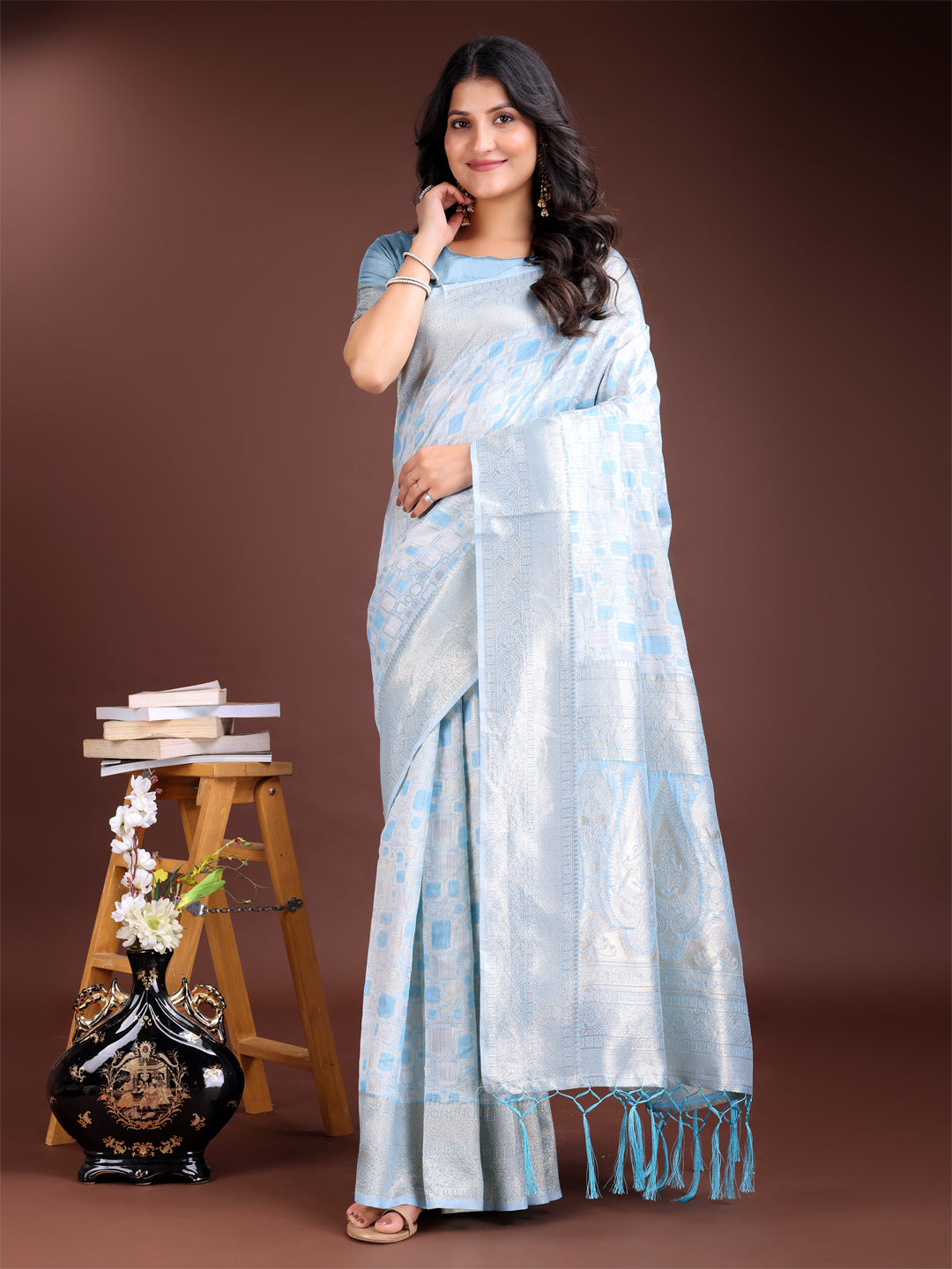Sky Blue linen cotton saree with delicate woven patterns