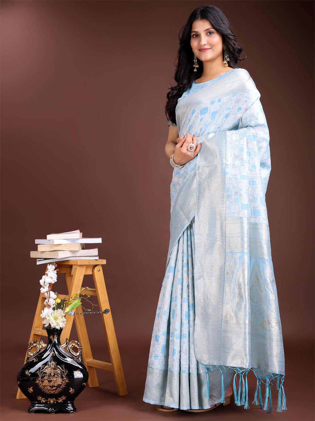 Sky Blue Linen Cotton Saree with Subtle Shimmer for Everyday Elegance