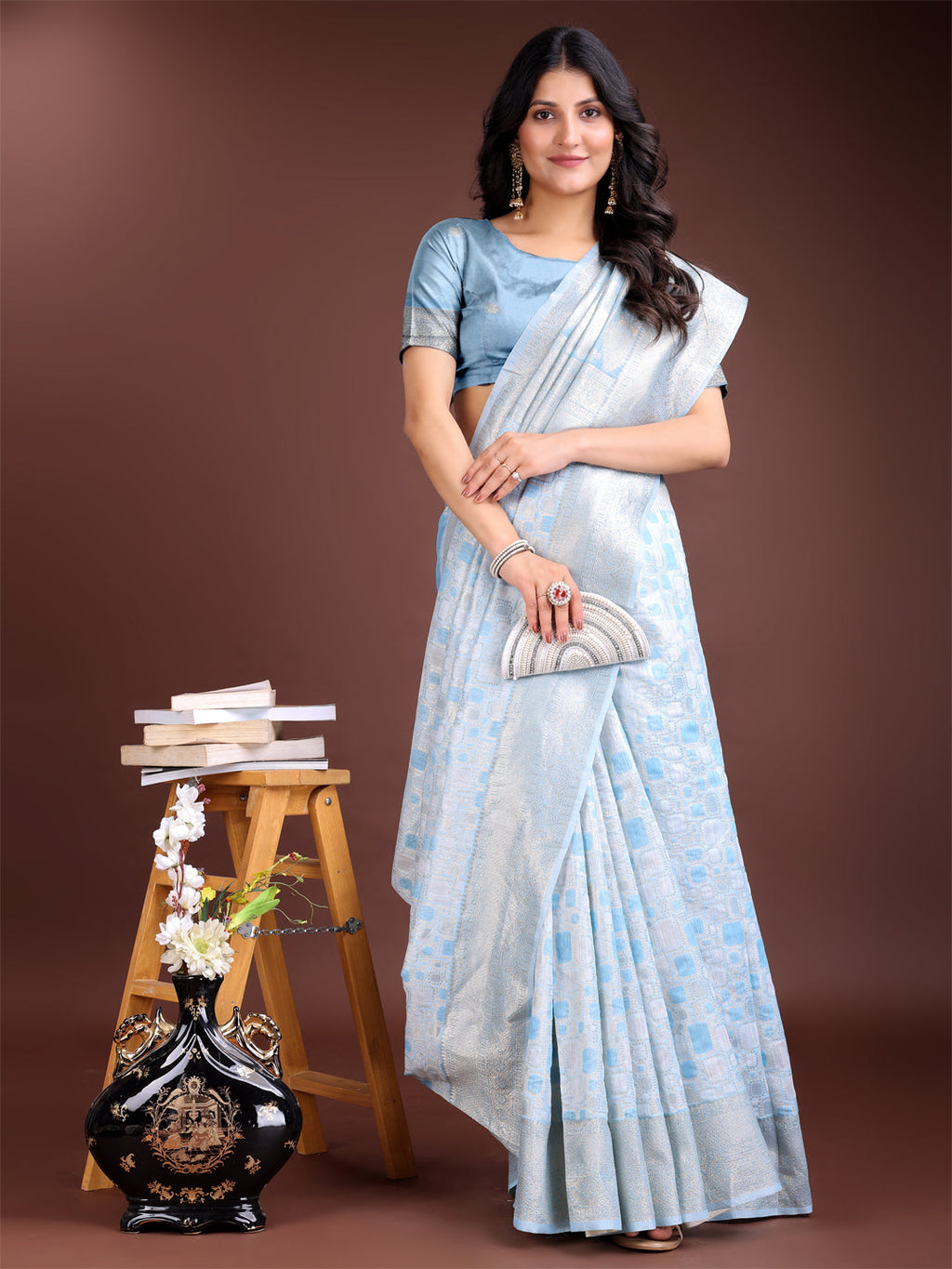Sky Blue Linen Cotton Saree with Subtle Shimmer for Everyday Elegance