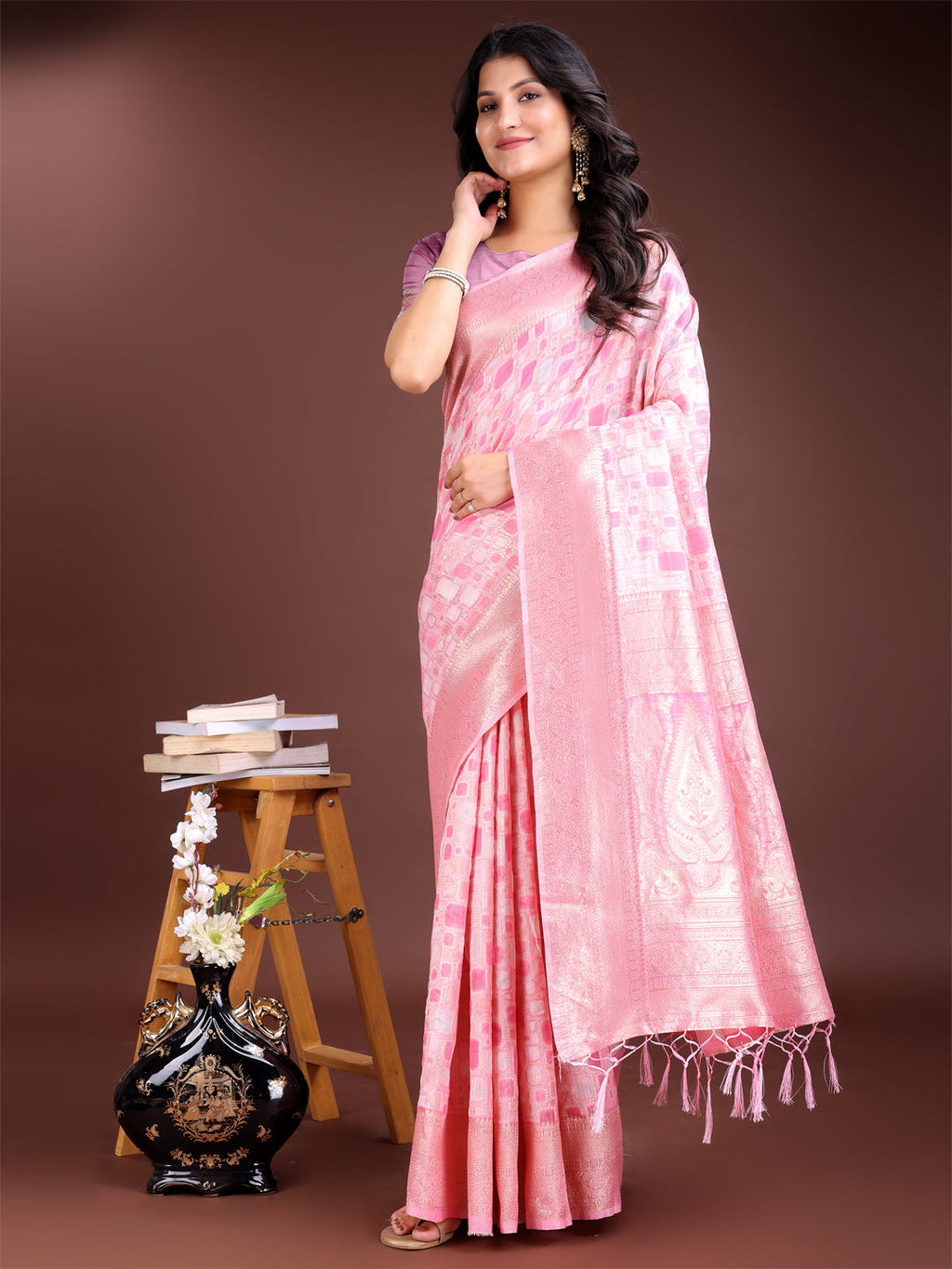 Pink linen cotton saree with subtle shimmer and delicate woven patterns