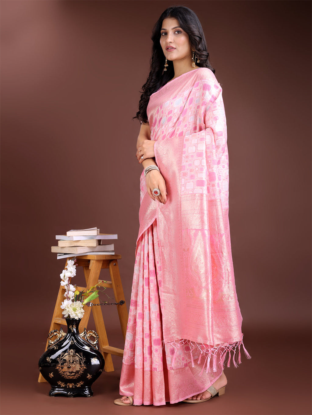 Pink Linen Cotton Saree with Subtle Shimmer and Woven Details