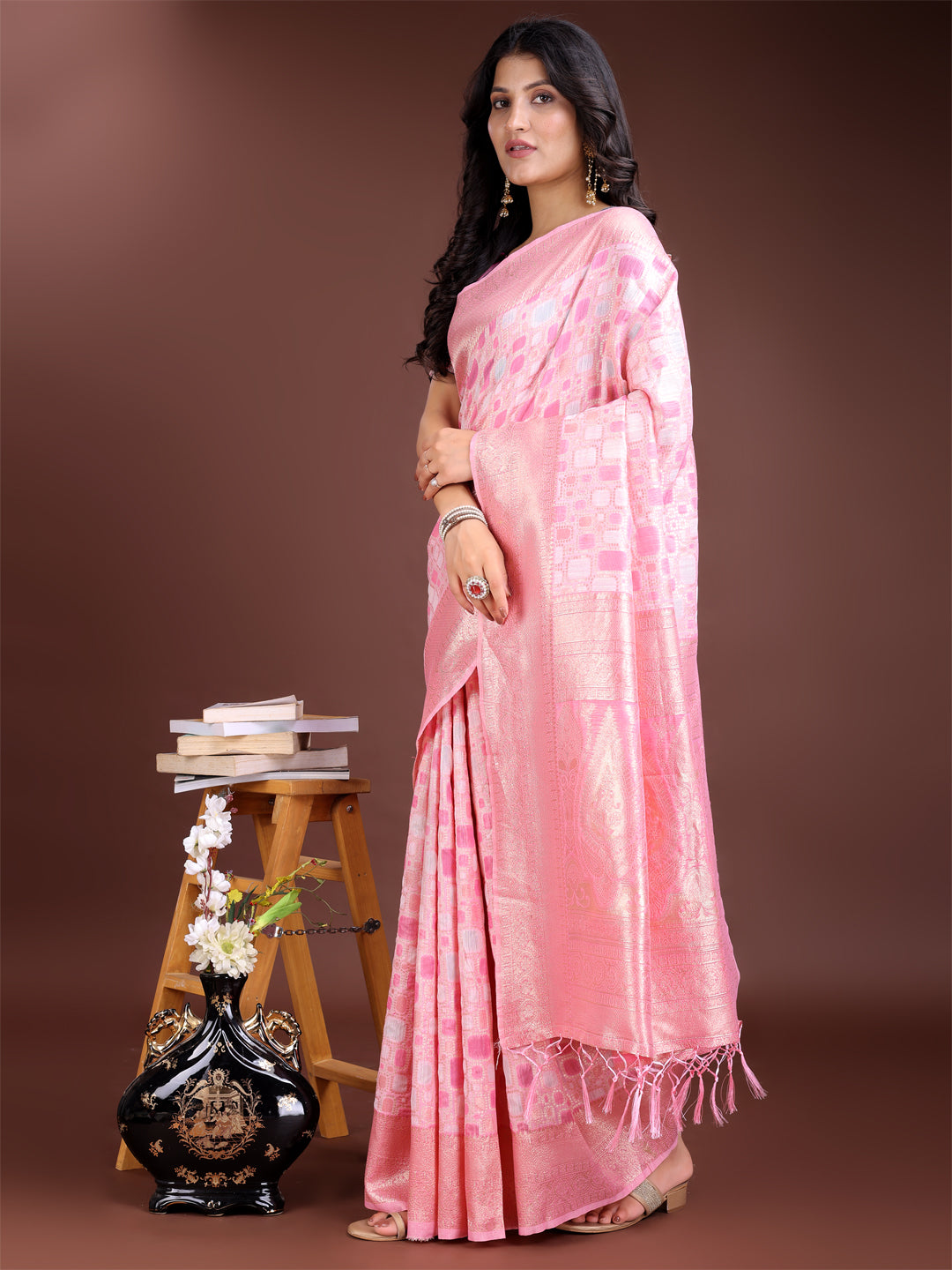 Pink Linen Cotton Saree with Subtle Shimmer and Woven Details