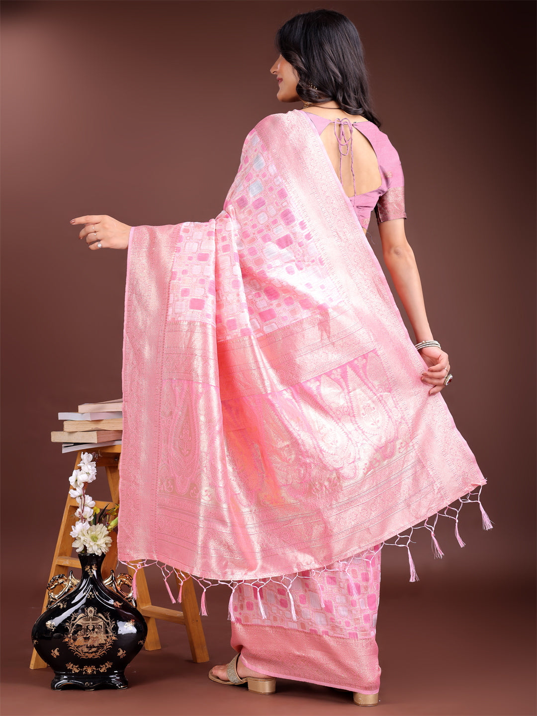 Pink Linen Cotton Saree with Subtle Shimmer and Woven Details