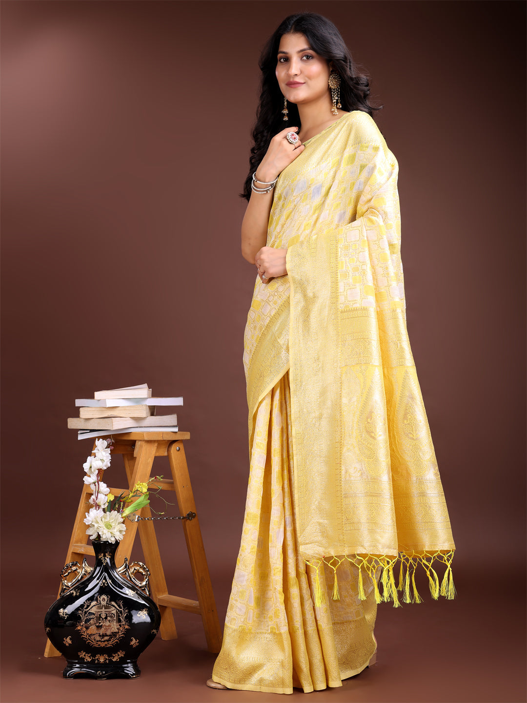 Yellow Linen Cotton Saree for Women with Subtle Shimmer Finish