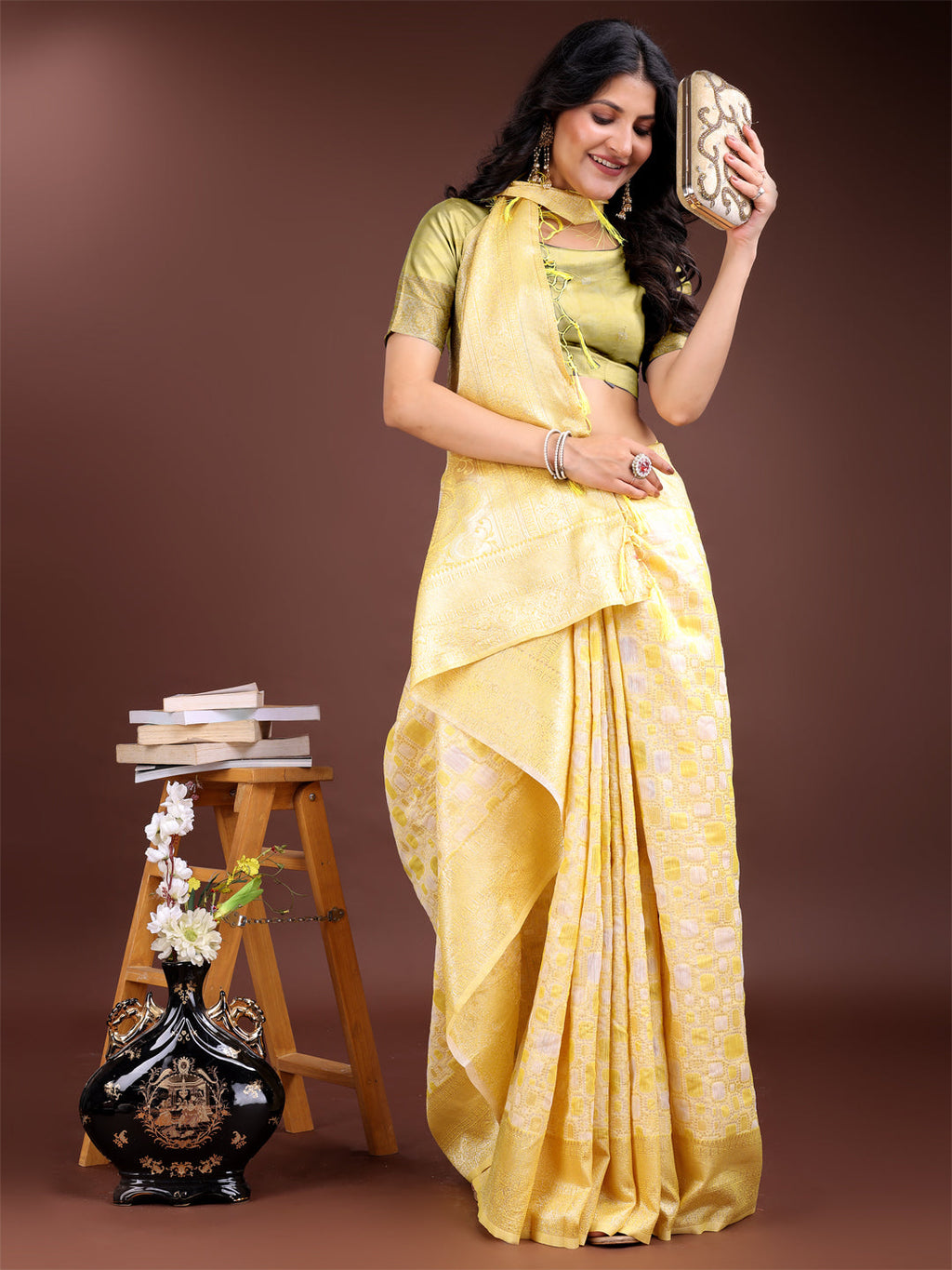Yellow Linen Cotton Saree for Women with Subtle Shimmer Finish