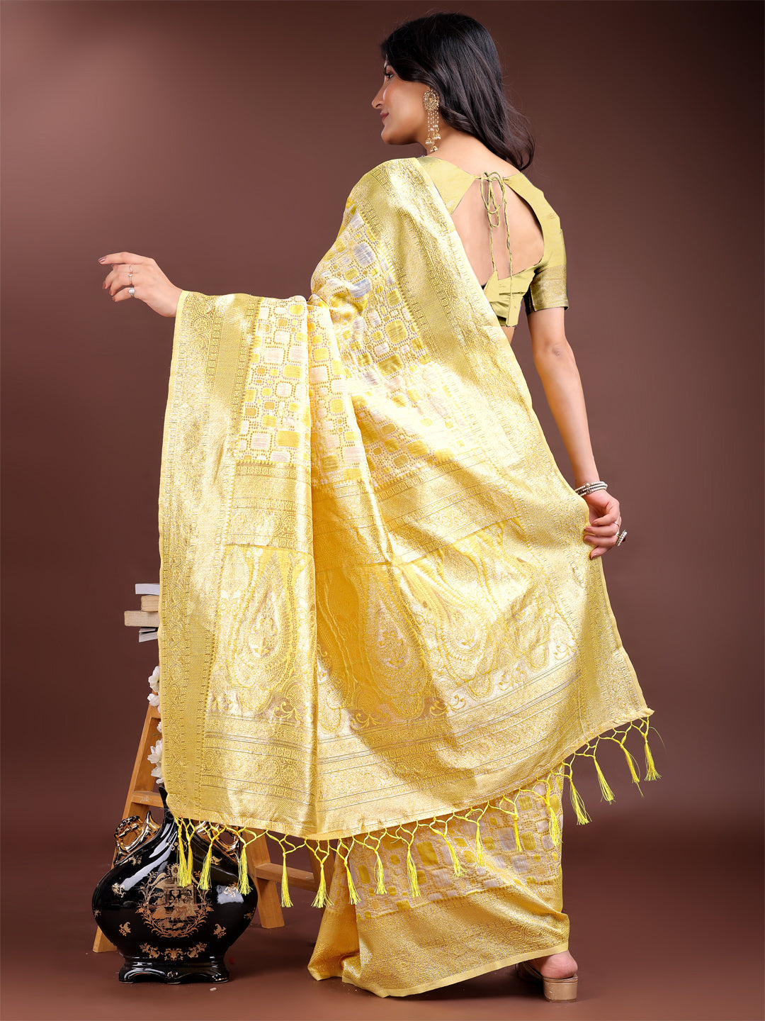 Yellow Linen Cotton Saree for Women with Subtle Shimmer Finish