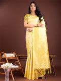 Yellow cotton saree with elegant golden zari work motifs