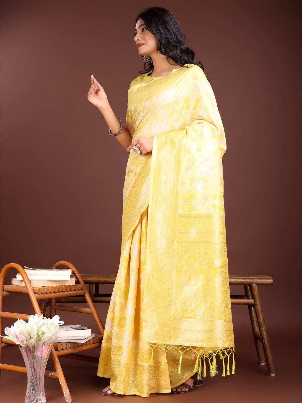 Yellow Cotton Saree with Golden Zari Work & Graceful Drape