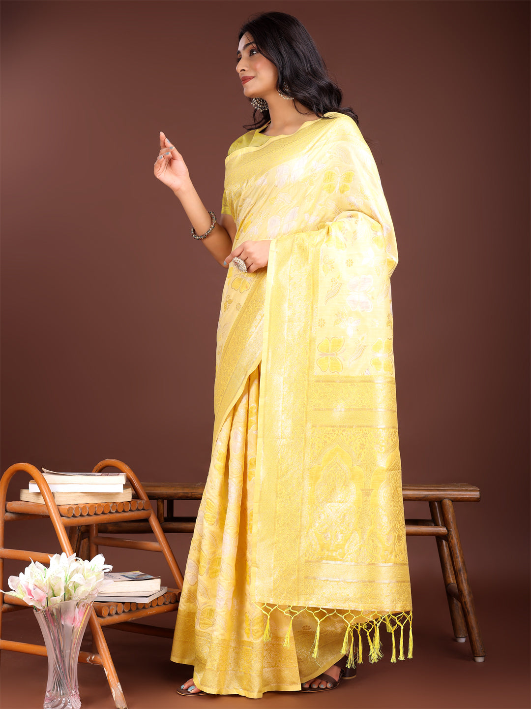 Yellow Cotton Saree with Golden Zari Work & Graceful Drape