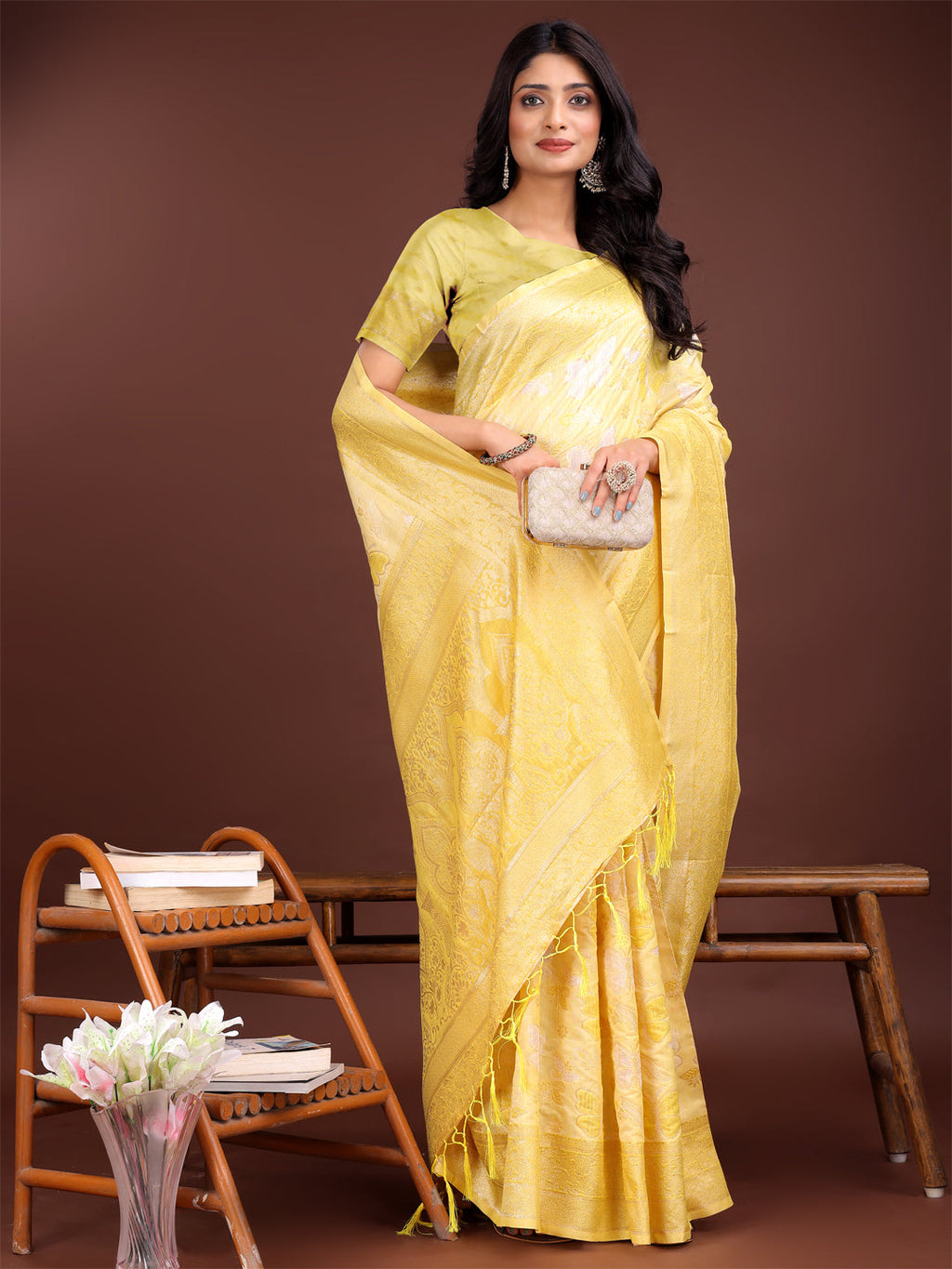 Yellow Cotton Saree with Golden Zari Work & Graceful Drape