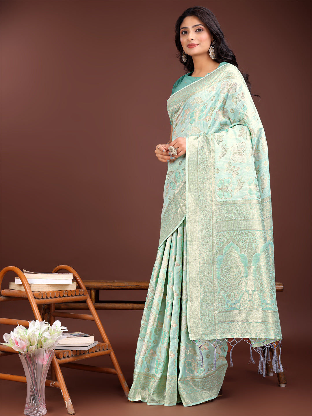 Sea Green Cotton Saree with Golden Zari Work