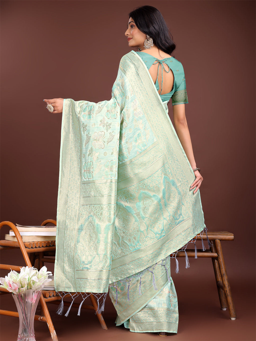 Sea Green Cotton Saree with Golden Zari Work