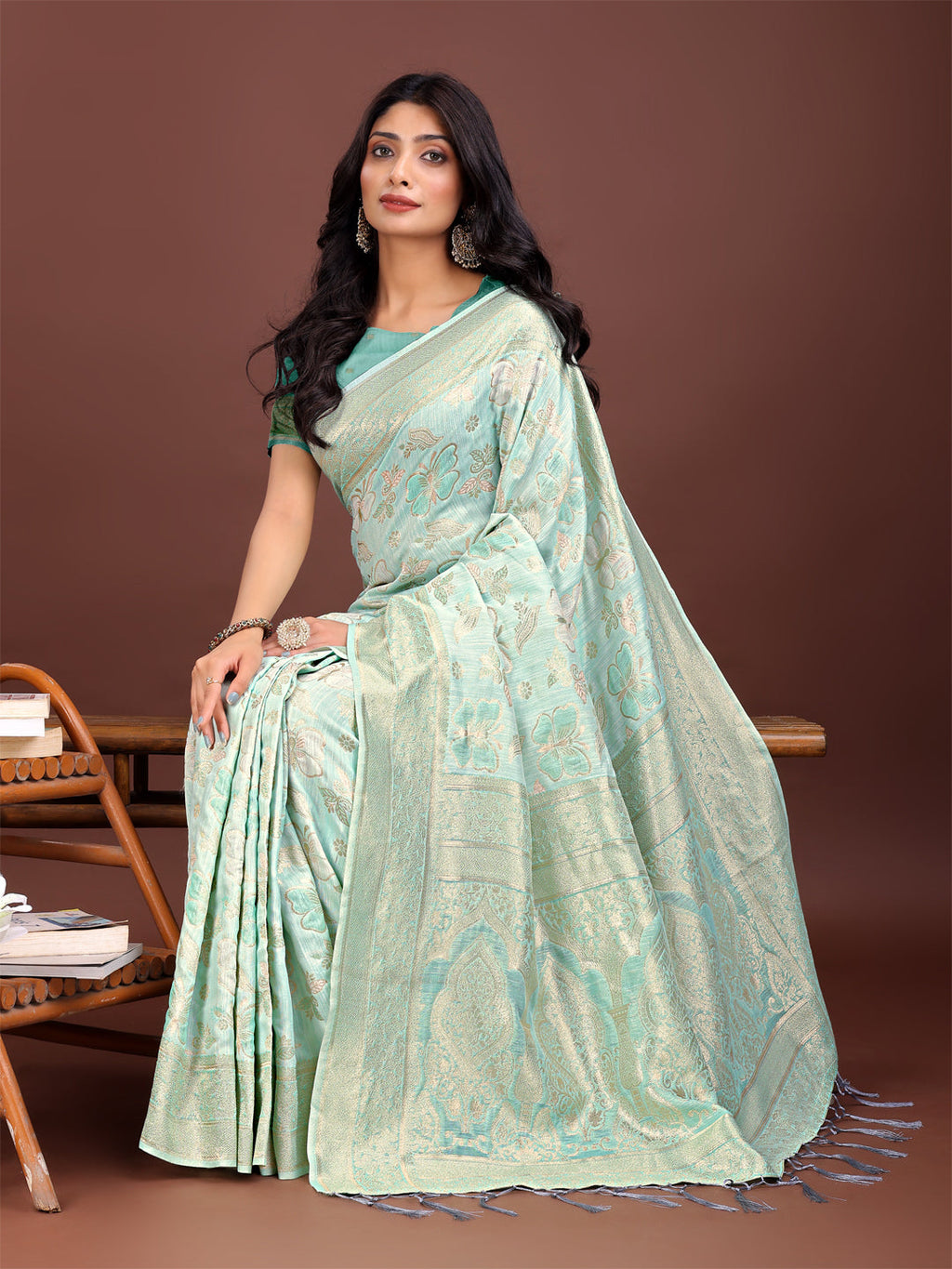 Sea Green Cotton Saree with Golden Zari Work