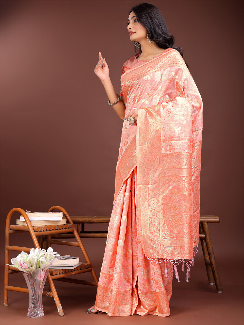 Orange Cotton Saree with Golden Zari Work and Detailed Pallu