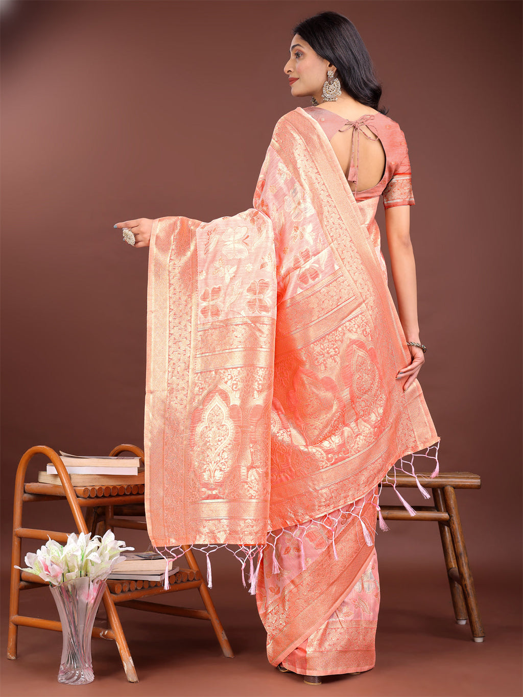 Orange Cotton Saree with Golden Zari Work and Detailed Pallu