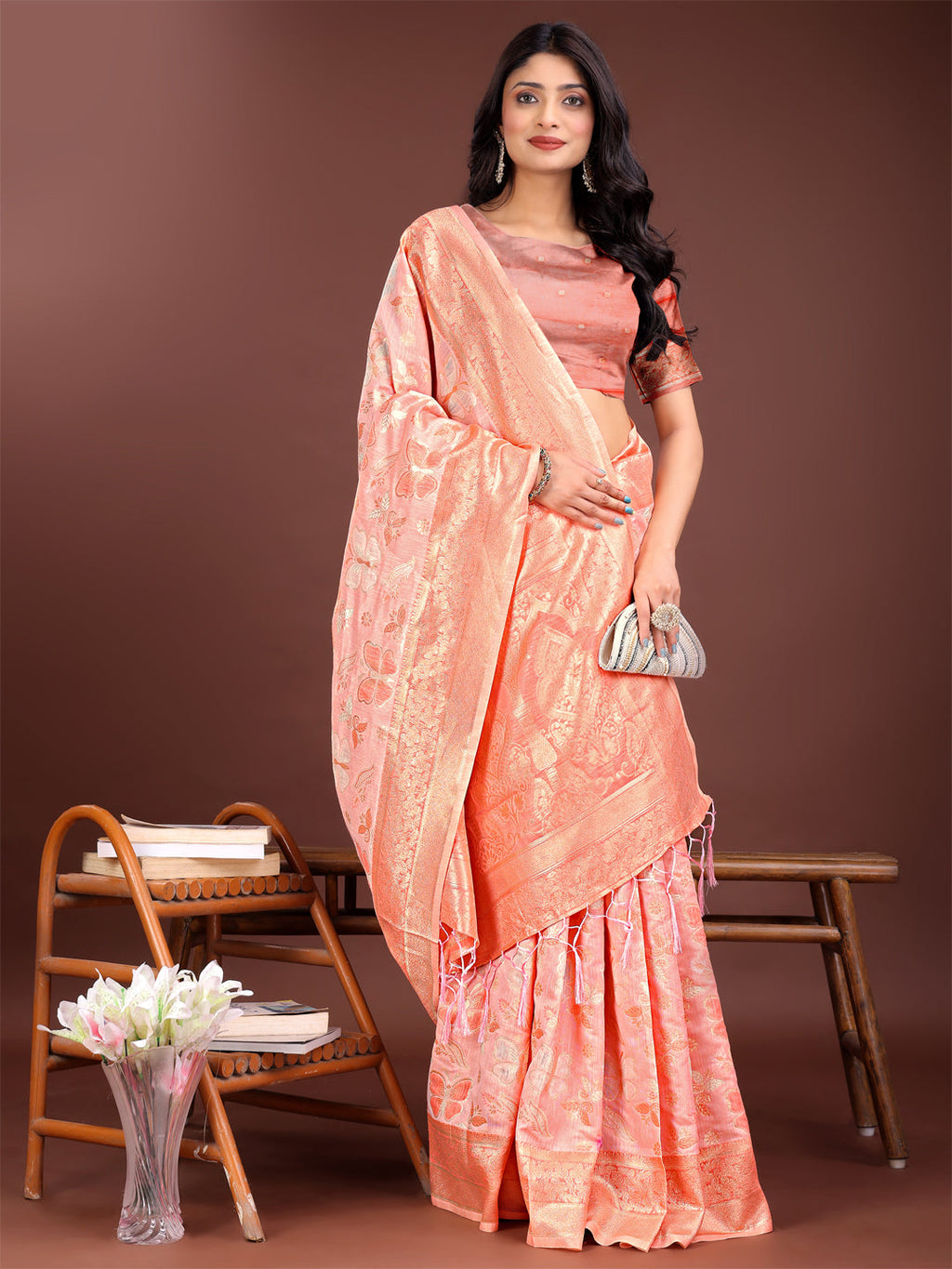 Orange Cotton Saree with Golden Zari Work and Detailed Pallu