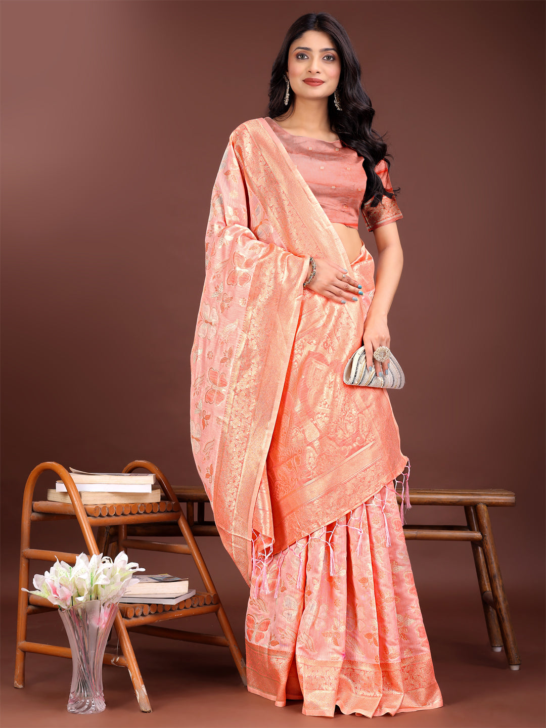 Orange Cotton Saree with Golden Zari Work and Detailed Pallu