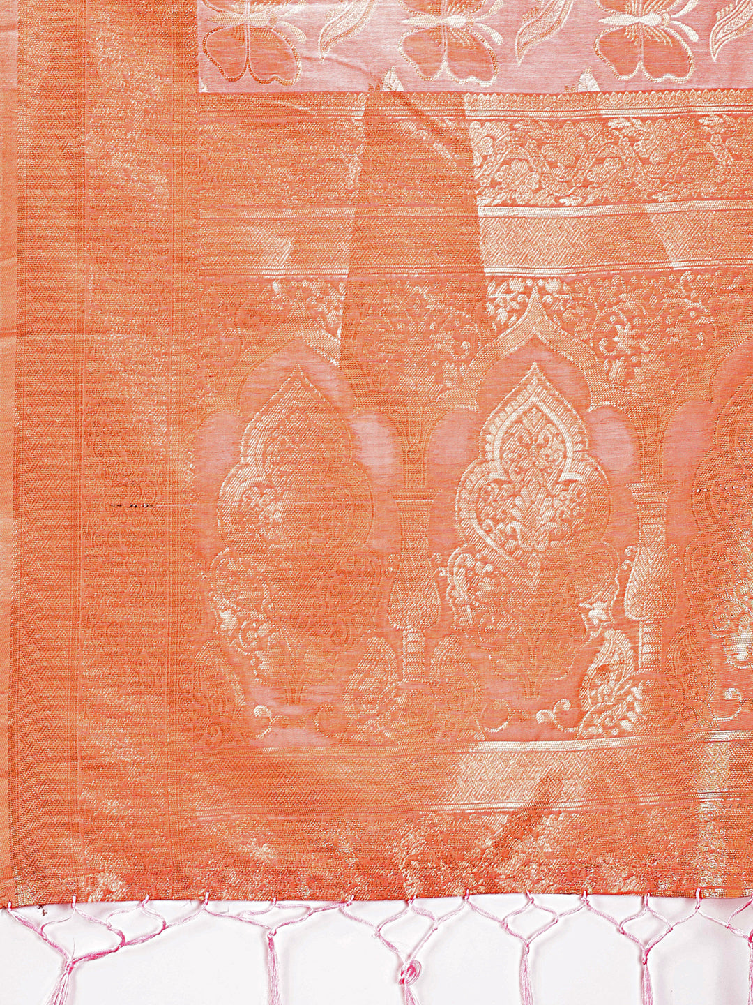 Orange Cotton Saree with Golden Zari Work and Detailed Pallu