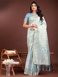 Sky Blue cotton saree with golden zari motifs and detailed pallu