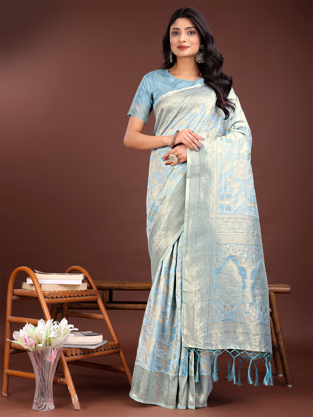 Sky Blue cotton saree with golden zari motifs and detailed pallu
