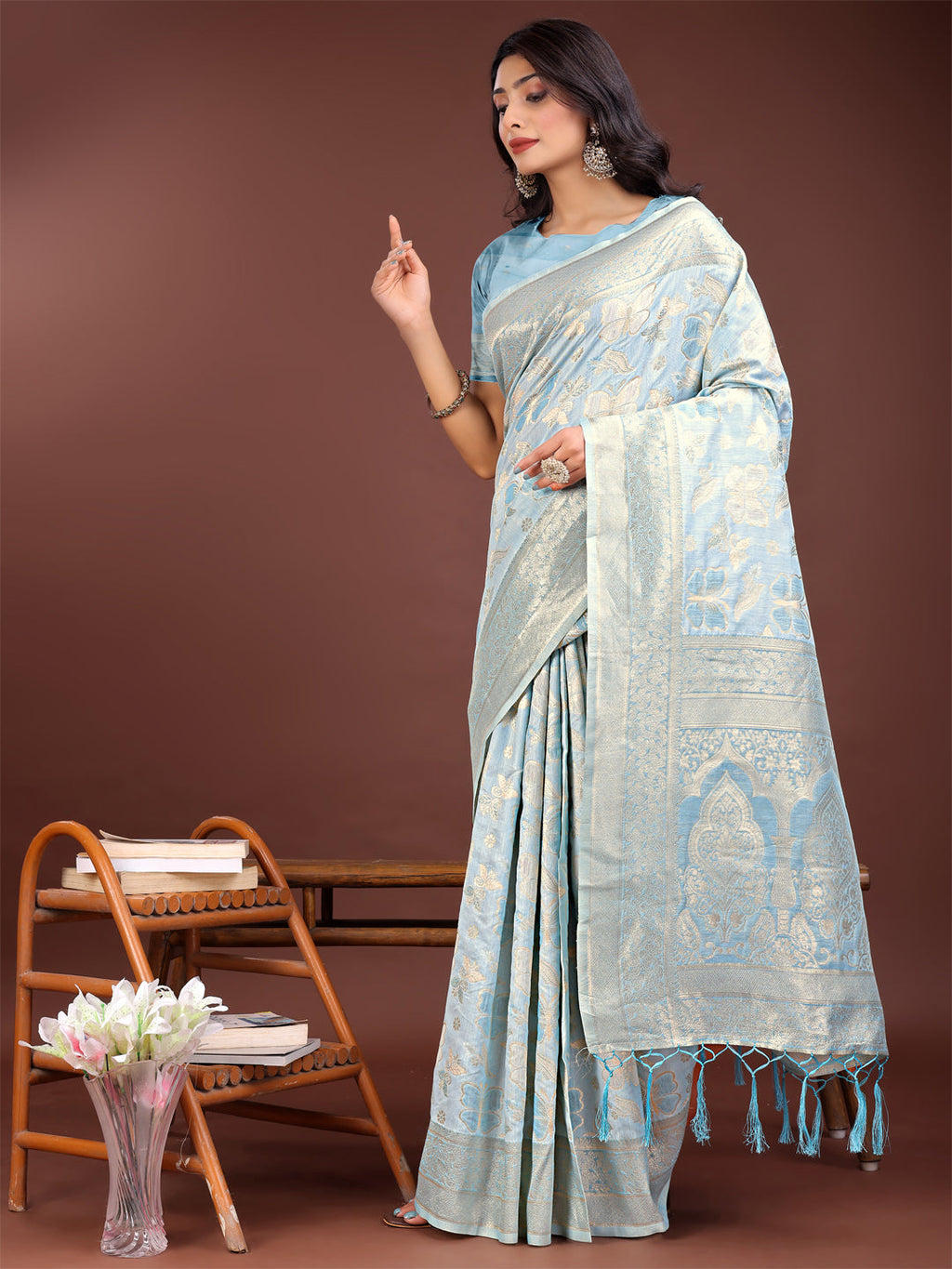 Sky Blue Cotton Saree with Golden Zari Work