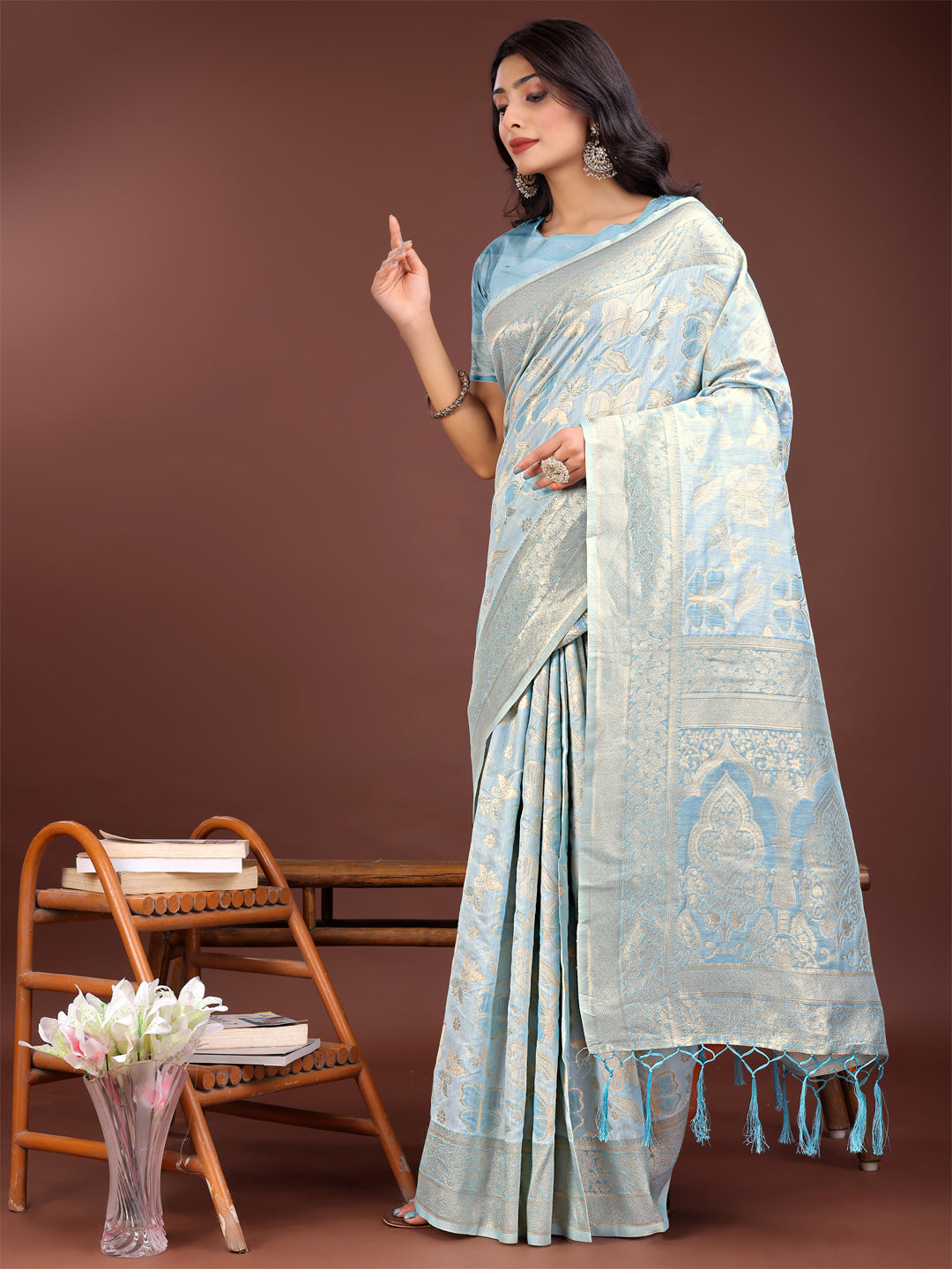Sky Blue Cotton Saree with Golden Zari Work