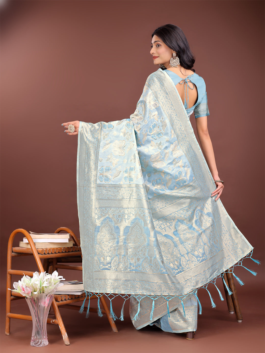 Sky Blue Cotton Saree with Golden Zari Work