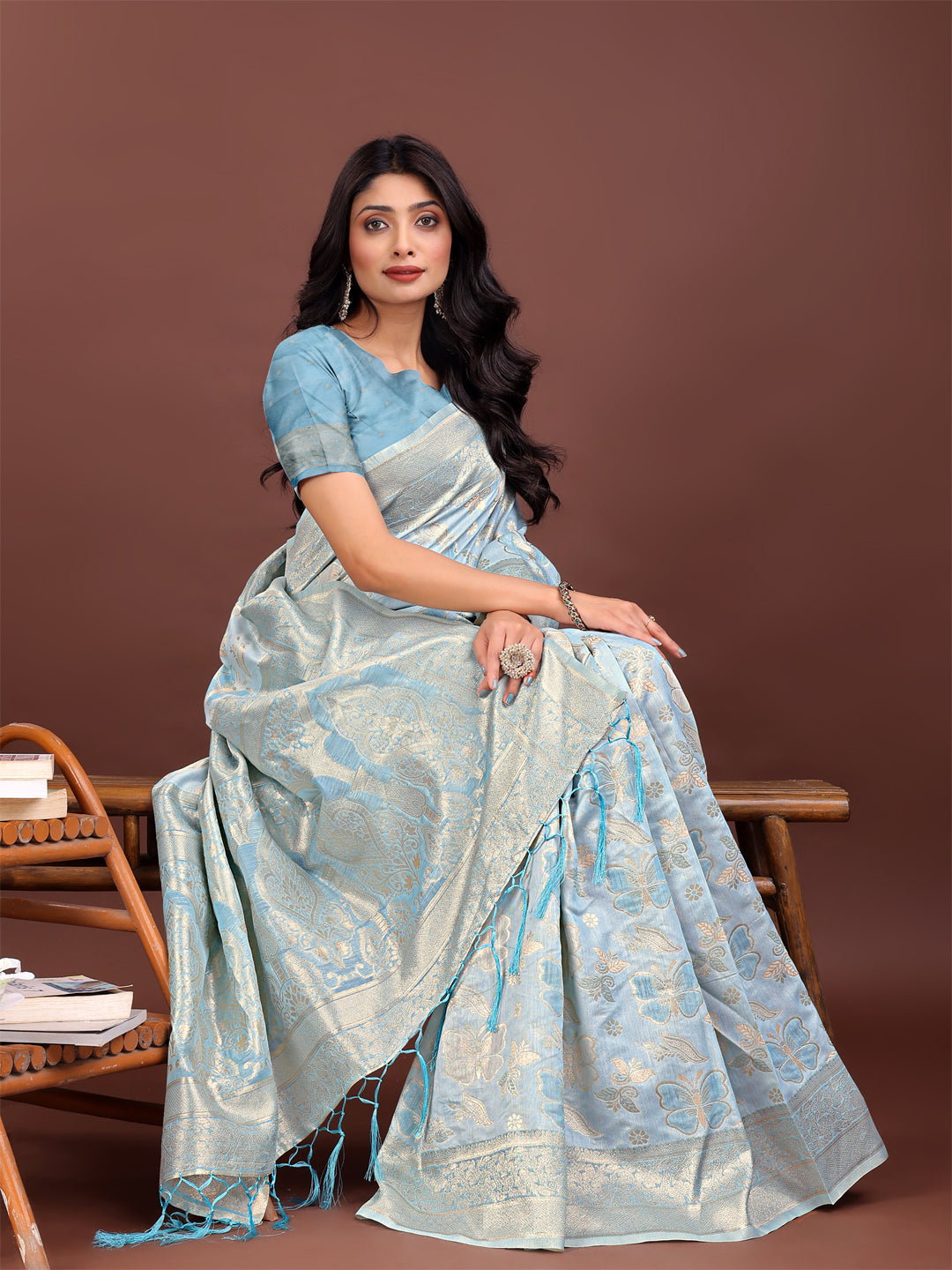 Sky Blue Cotton Saree with Golden Zari Work